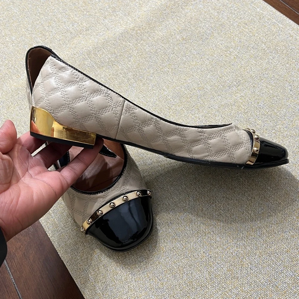 ❤️Napoleoni Women's Black and Cream Quilted Flats
